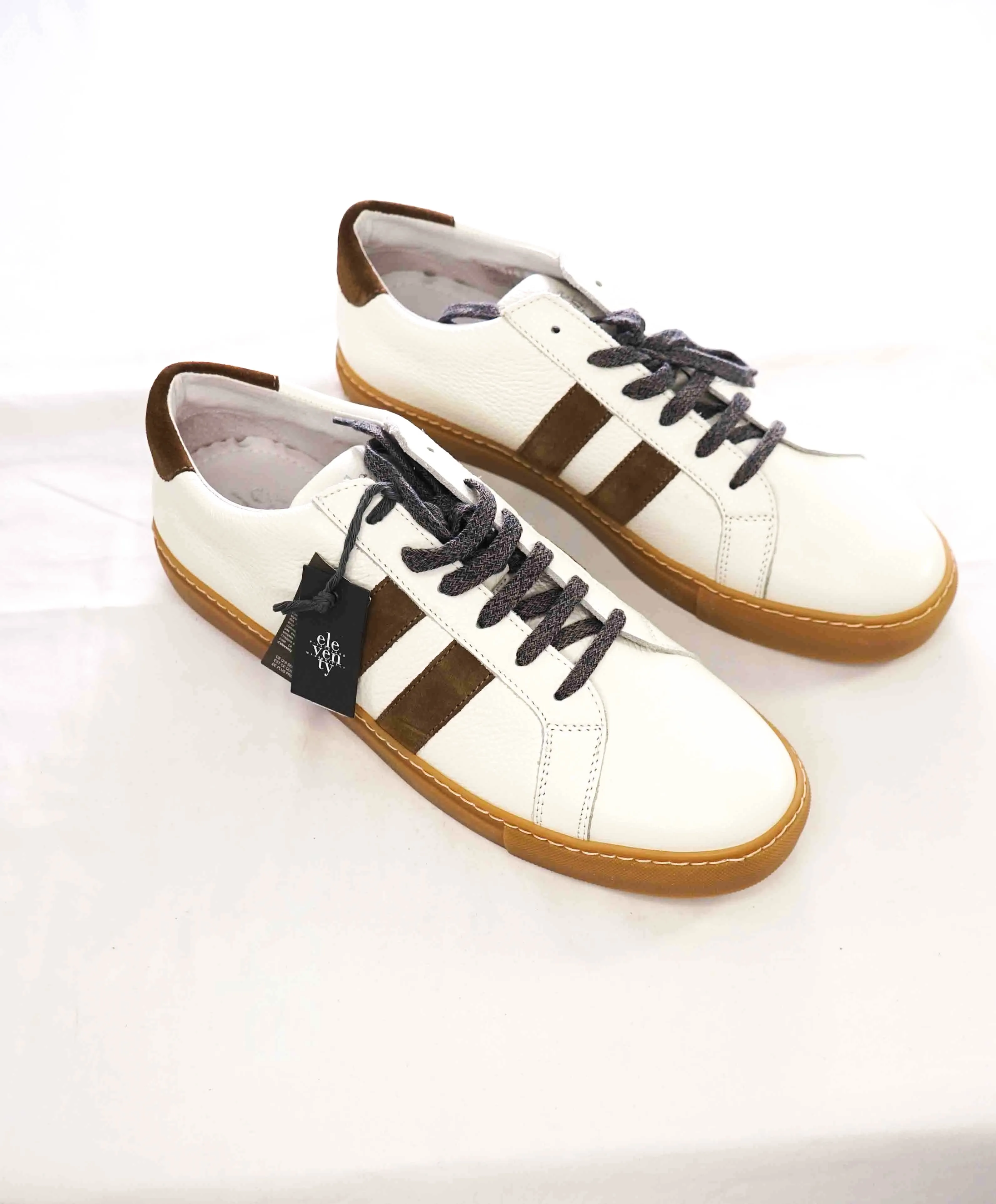 $395 ELEVENTY - Pebbled Leather Brown Suede Stripe Sneaker - 12 US (45EU)