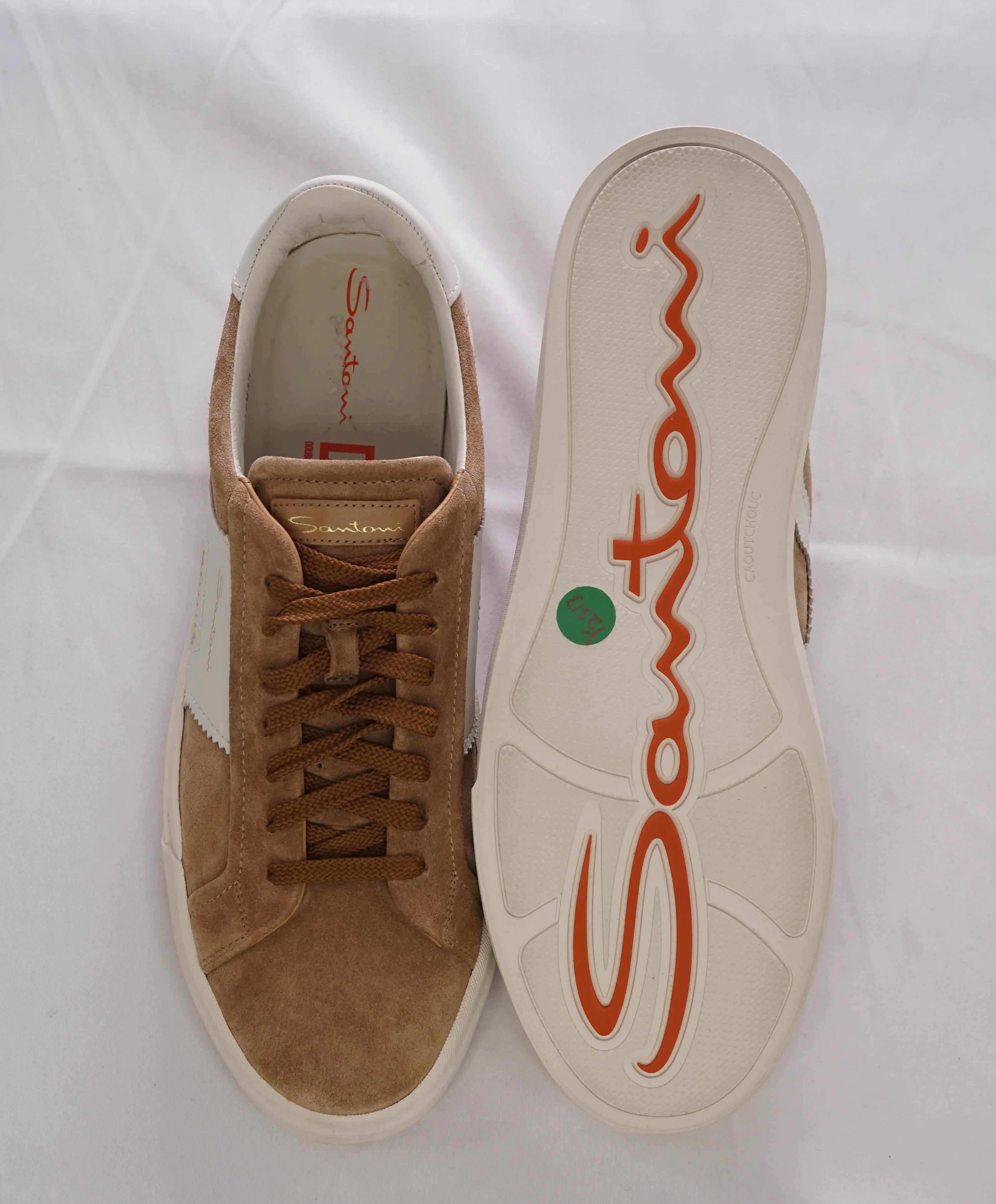 $795 SANTONI - Neutral Suede Double Buckle Full Leather Sneakers - 12 US (11 IT)