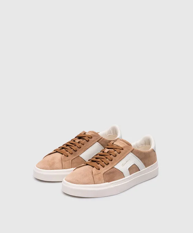 $795 SANTONI - Neutral Suede Double Buckle Full Leather Sneakers - 12 US (11 IT)