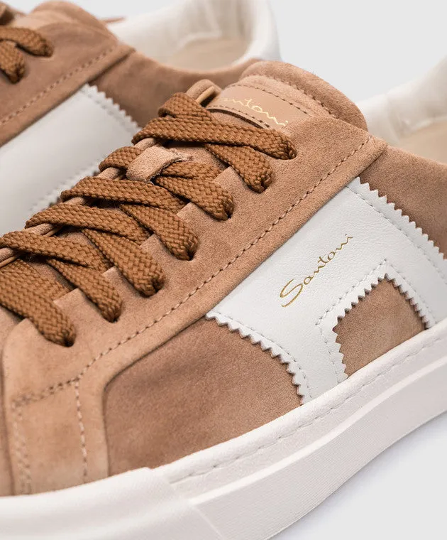 $795 SANTONI - Neutral Suede Double Buckle Full Leather Sneakers - 12 US (11 IT)