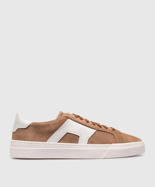 $795 SANTONI - Neutral Suede Double Buckle Full Leather Sneakers - 12 US (11 IT)