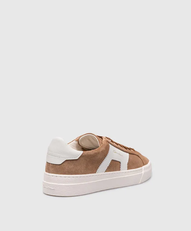 $795 SANTONI - Neutral Suede Double Buckle Full Leather Sneakers - 12 US (11 IT)
