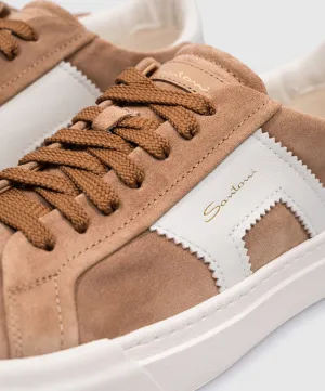 $795 SANTONI - Neutral Suede Double Buckle Full Leather Sneakers - 12 US (11 IT)