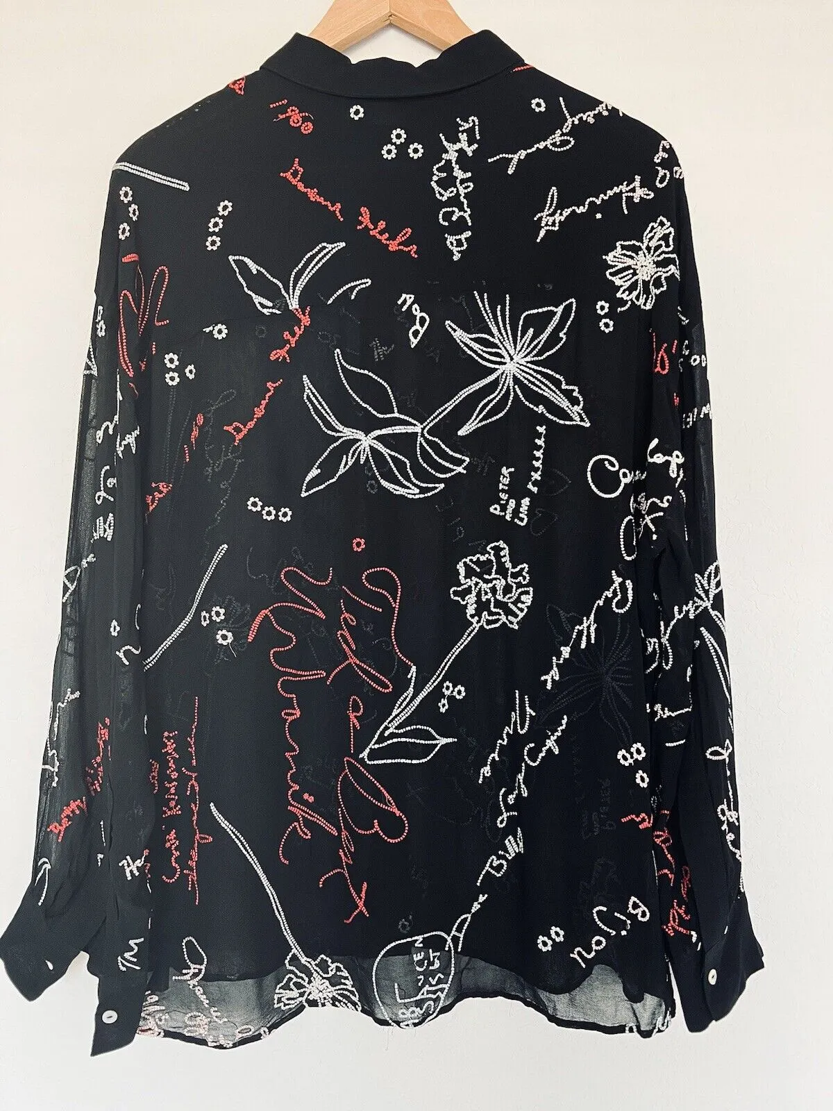 ALLSAINTS Kyra Embroidered Blouse Sz M Black Lightweight Sheer Button Down