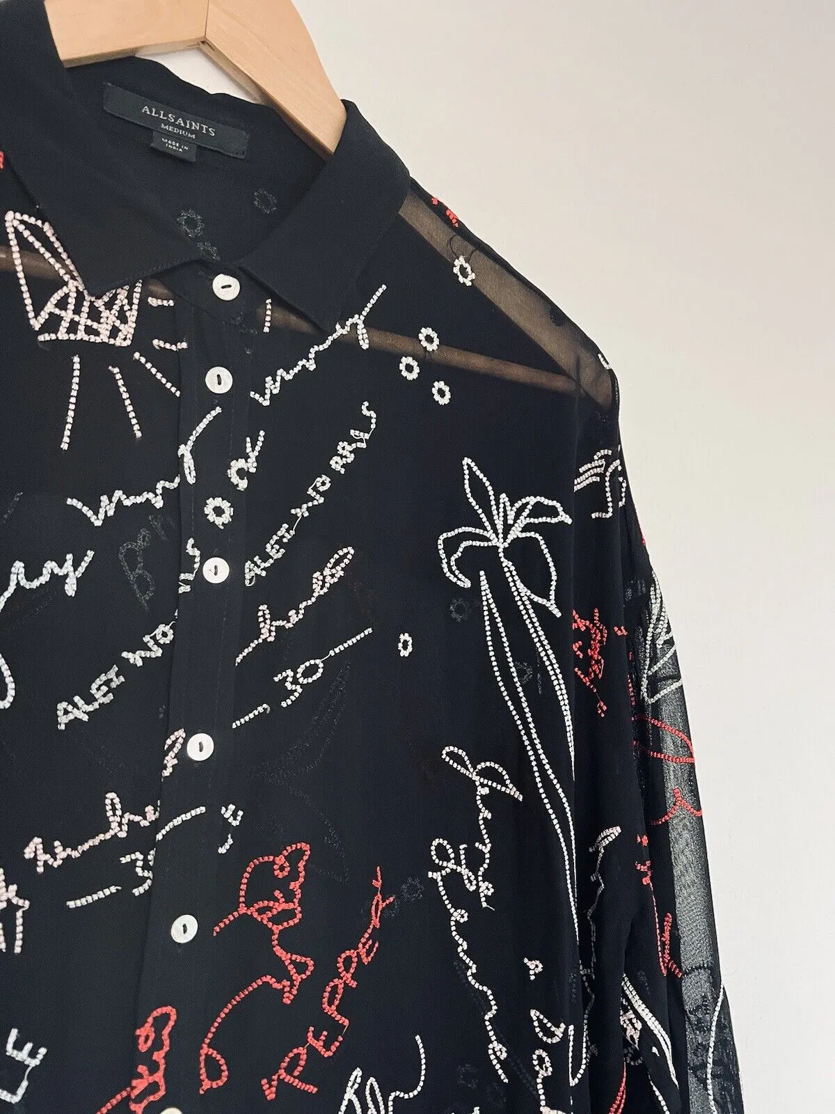 ALLSAINTS Kyra Embroidered Blouse Sz M Black Lightweight Sheer Button Down
