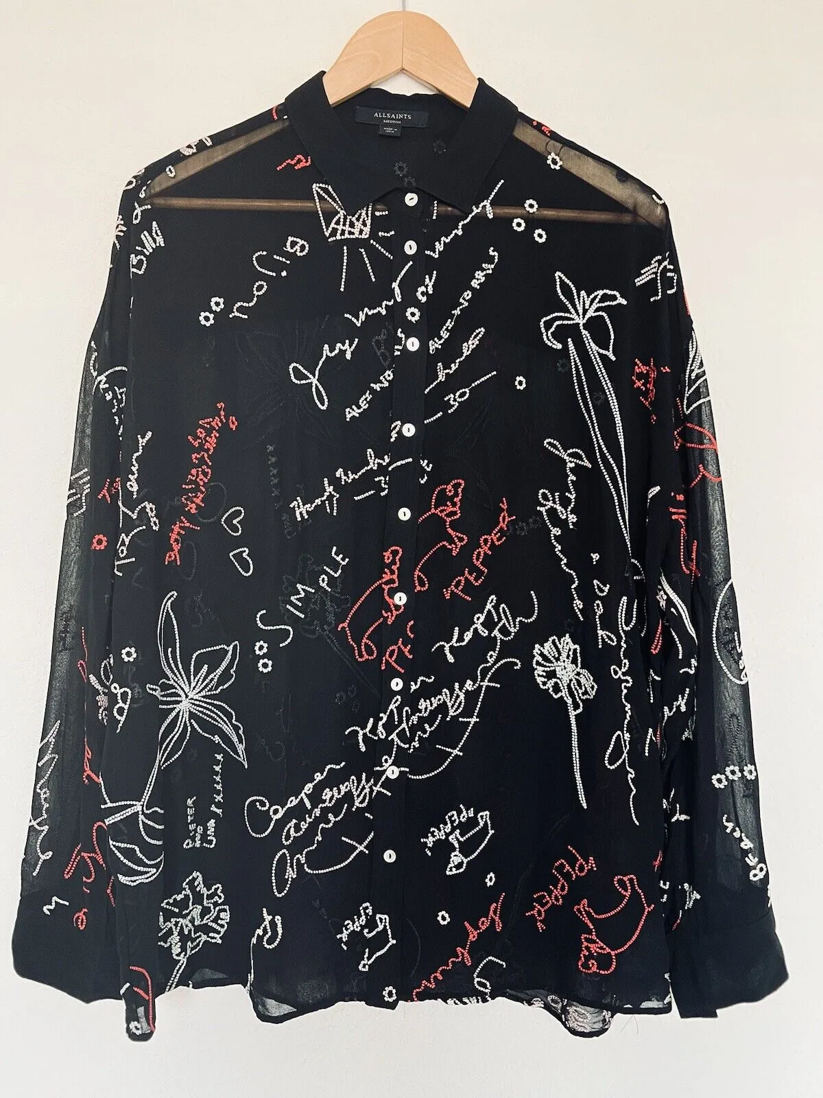 ALLSAINTS Kyra Embroidered Blouse Sz M Black Lightweight Sheer Button Down