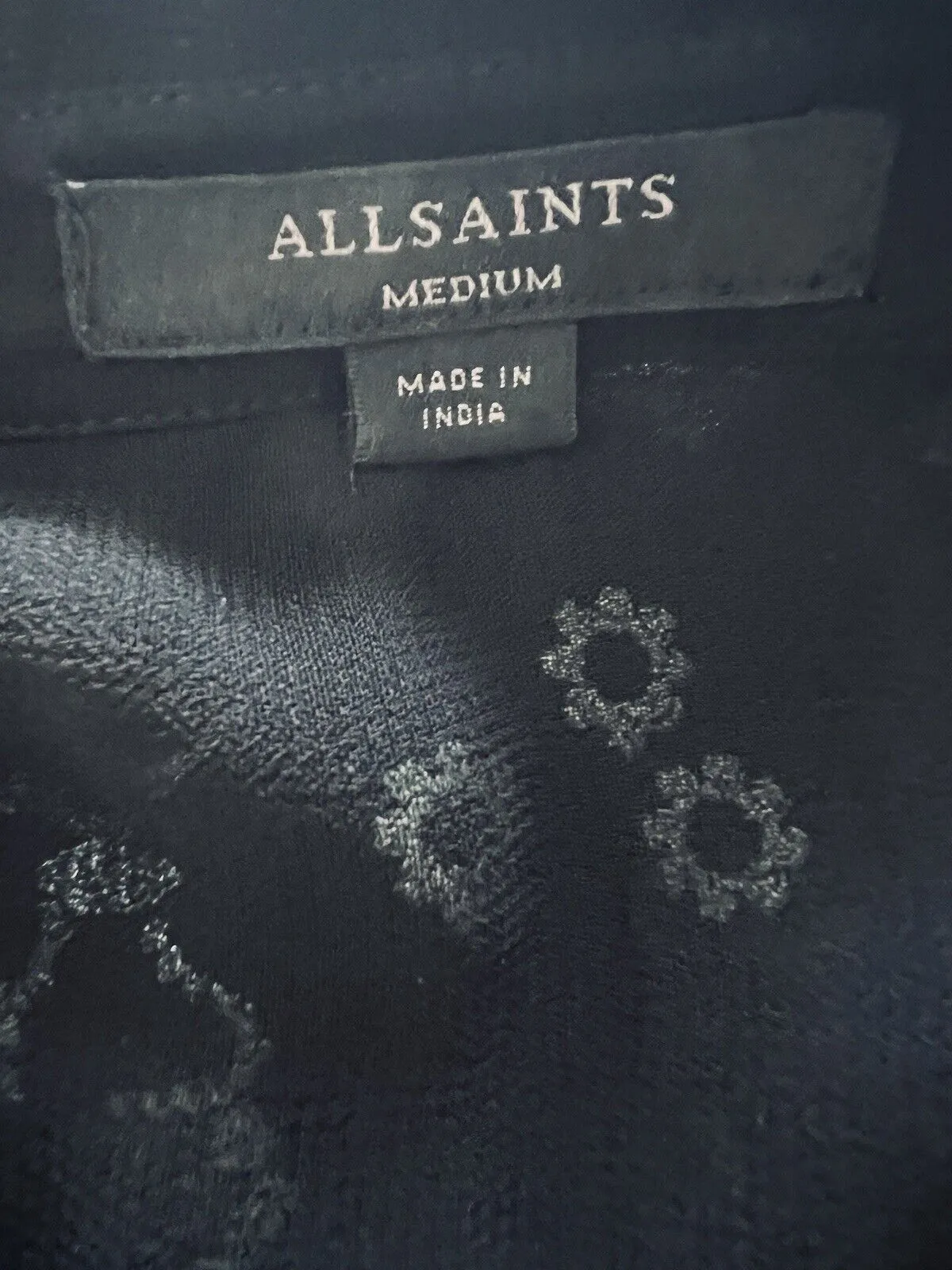ALLSAINTS Kyra Embroidered Blouse Sz M Black Lightweight Sheer Button Down