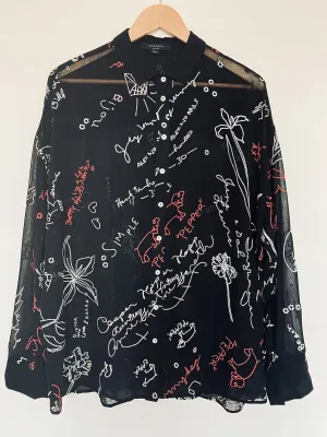 ALLSAINTS Kyra Embroidered Blouse Sz M Black Lightweight Sheer Button Down