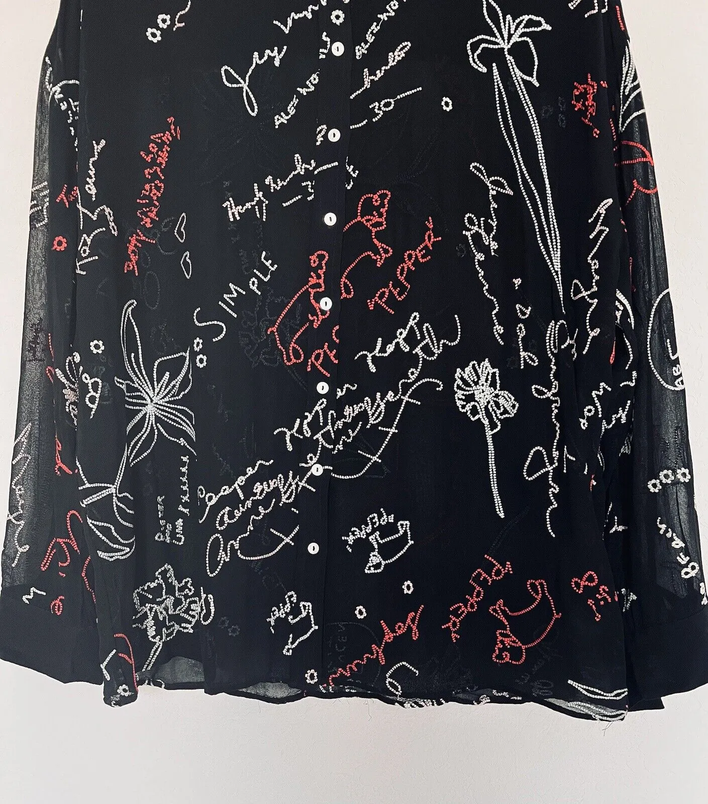 ALLSAINTS Kyra Embroidered Blouse Sz M Black Lightweight Sheer Button Down