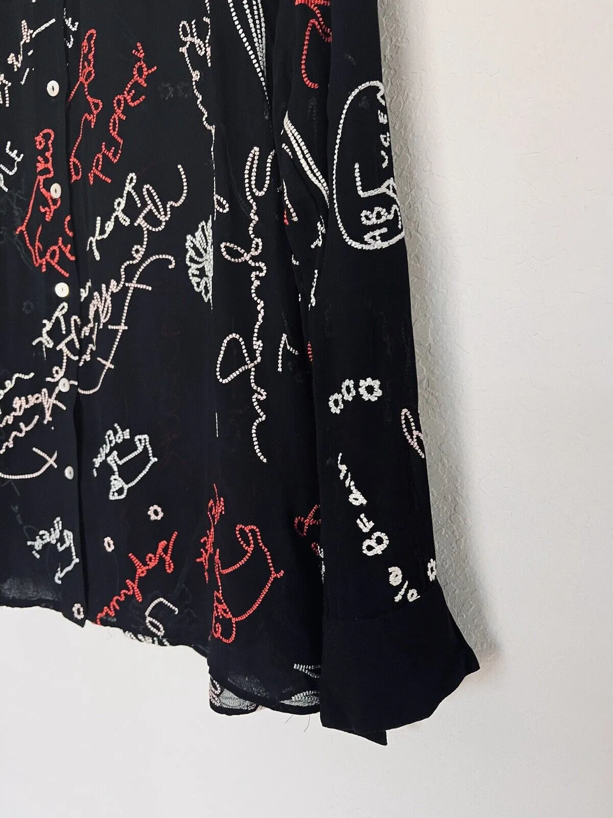 ALLSAINTS Kyra Embroidered Blouse Sz M Black Lightweight Sheer Button Down