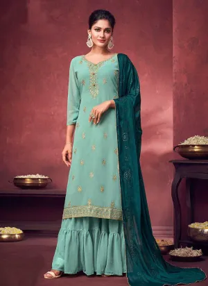 Aqua Blue and Gold Embroidered Sharara Style Suit