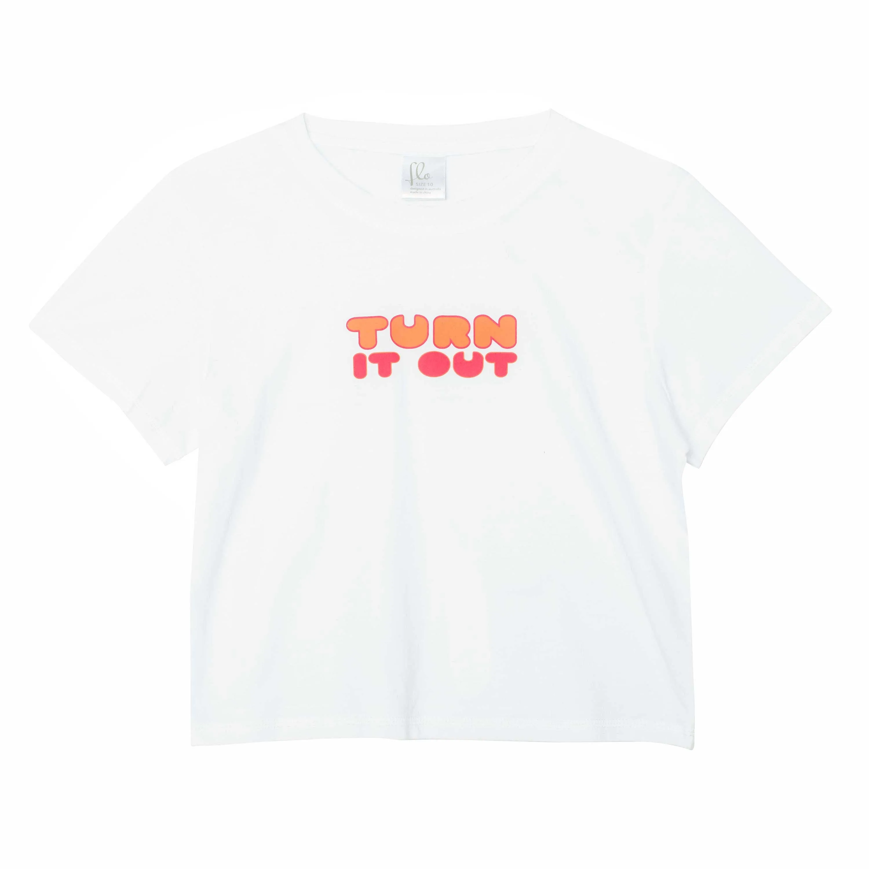 Ashley Muscle Crop White tee with 'Turn it Out' print