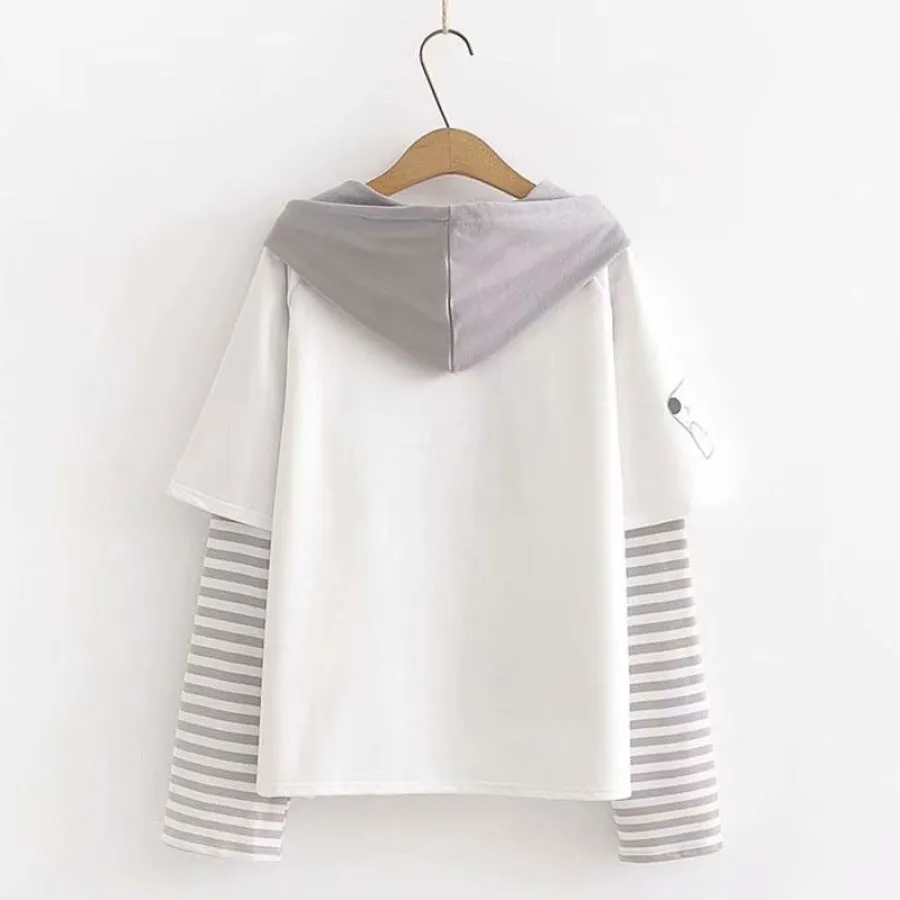 BABY Letter Cartoon Print Stripe Tassels Drawstring False Two-piece Hoodie J30035