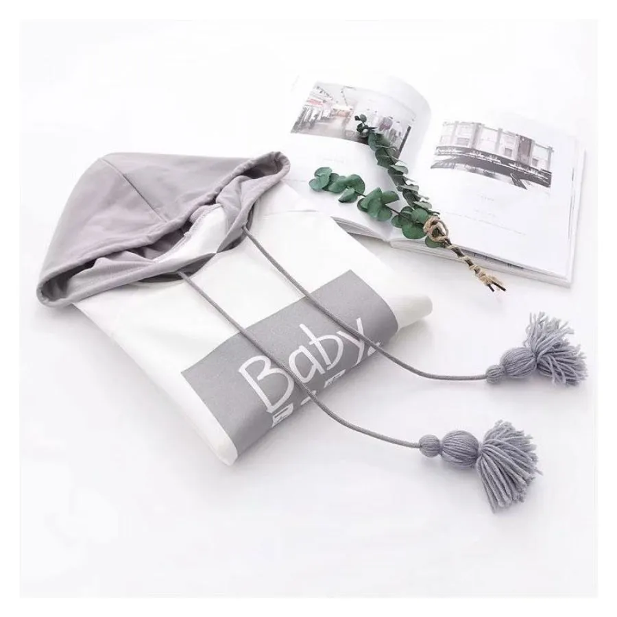 BABY Letter Cartoon Print Stripe Tassels Drawstring False Two-piece Hoodie J30035