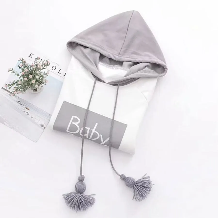 BABY Letter Cartoon Print Stripe Tassels Drawstring False Two-piece Hoodie J30035