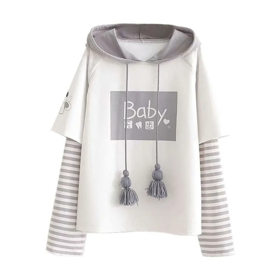 BABY Letter Cartoon Print Stripe Tassels Drawstring False Two-piece Hoodie J30035