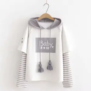 BABY Letter Cartoon Print Stripe Tassels Drawstring False Two-piece Hoodie J30035