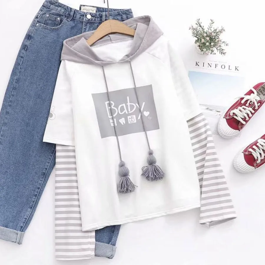 BABY Letter Cartoon Print Stripe Tassels Drawstring False Two-piece Hoodie J30035