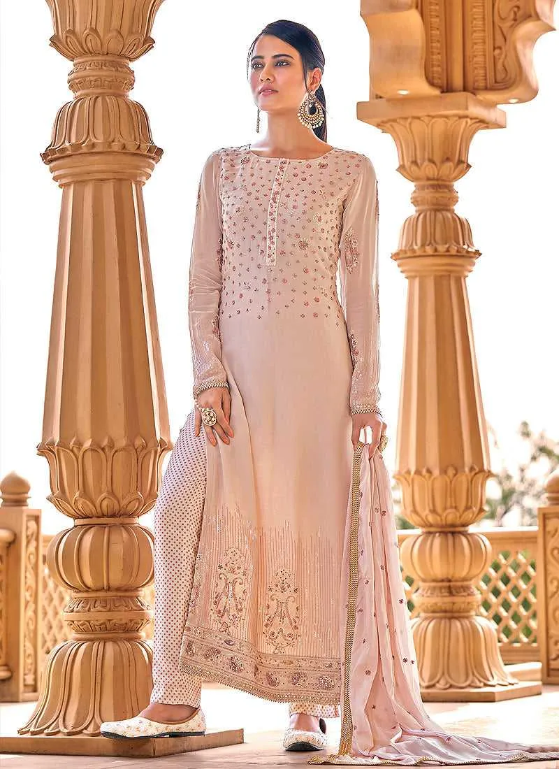 Baby Pink Heavy Embroidered Straight Pant Style Suit