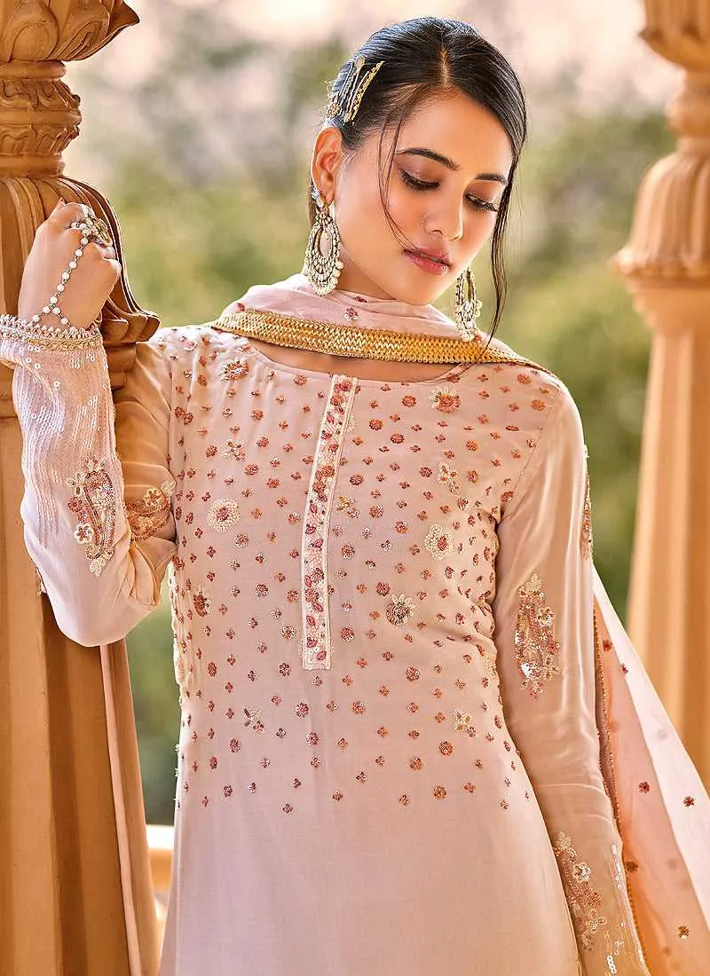 Baby Pink Heavy Embroidered Straight Pant Style Suit
