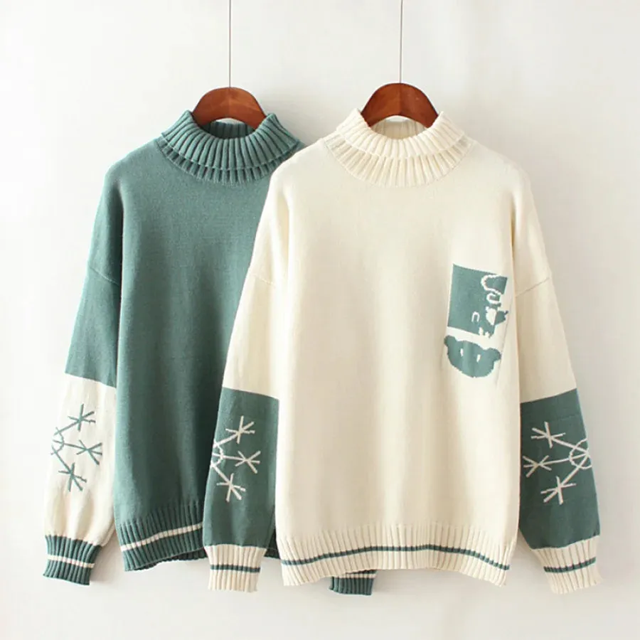Bear Snowflake Pattern Sweater Winter High Collar Kintted Sweater J30009