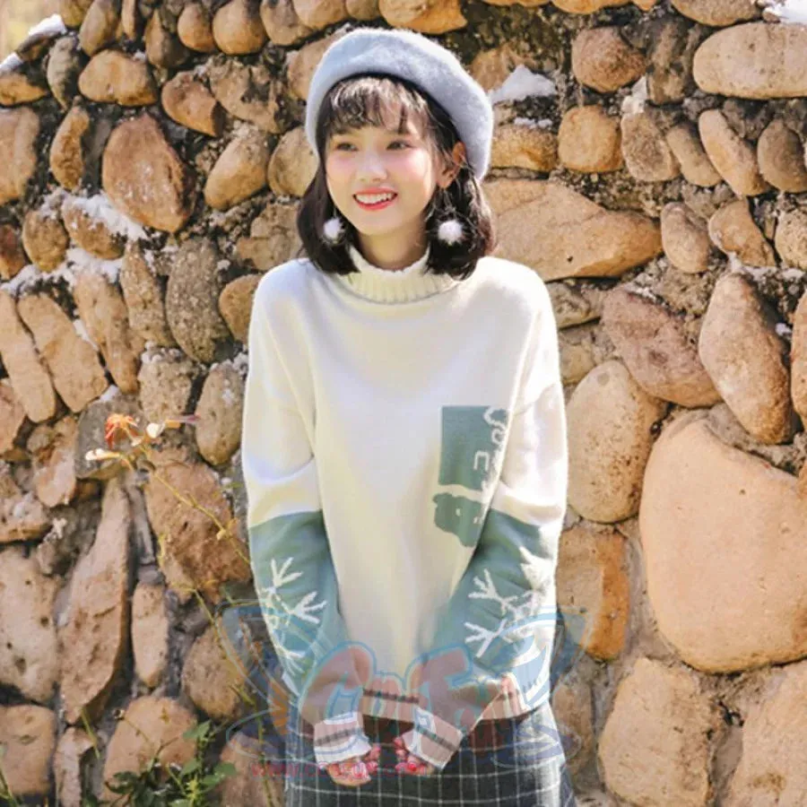Bear Snowflake Pattern Sweater Winter High Collar Kintted Sweater J30009
