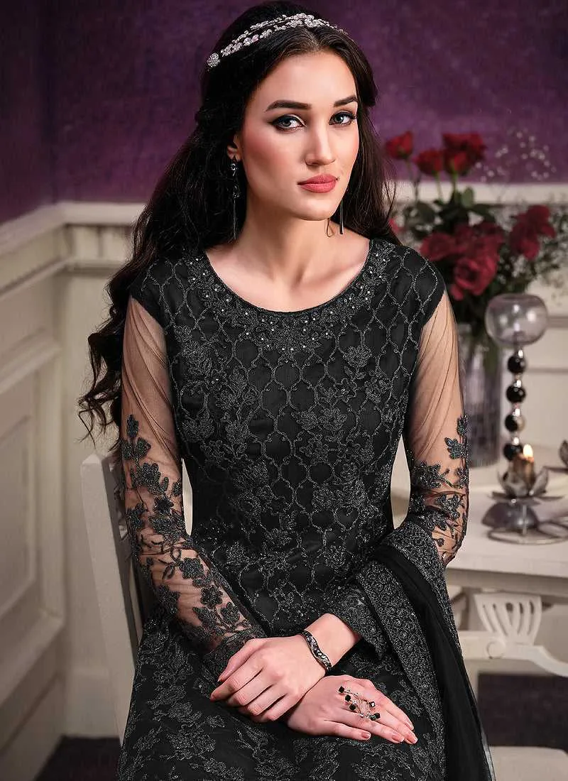 Black Heavy Net Embroidered Straight Pant Style Suit