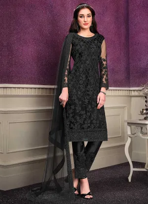 Black Heavy Net Embroidered Straight Pant Style Suit