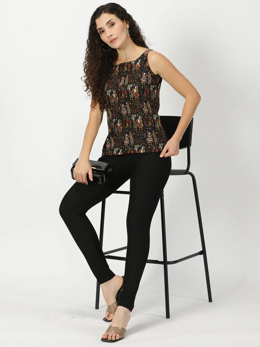 Black Kalamkari Print Cotton Tank Top
