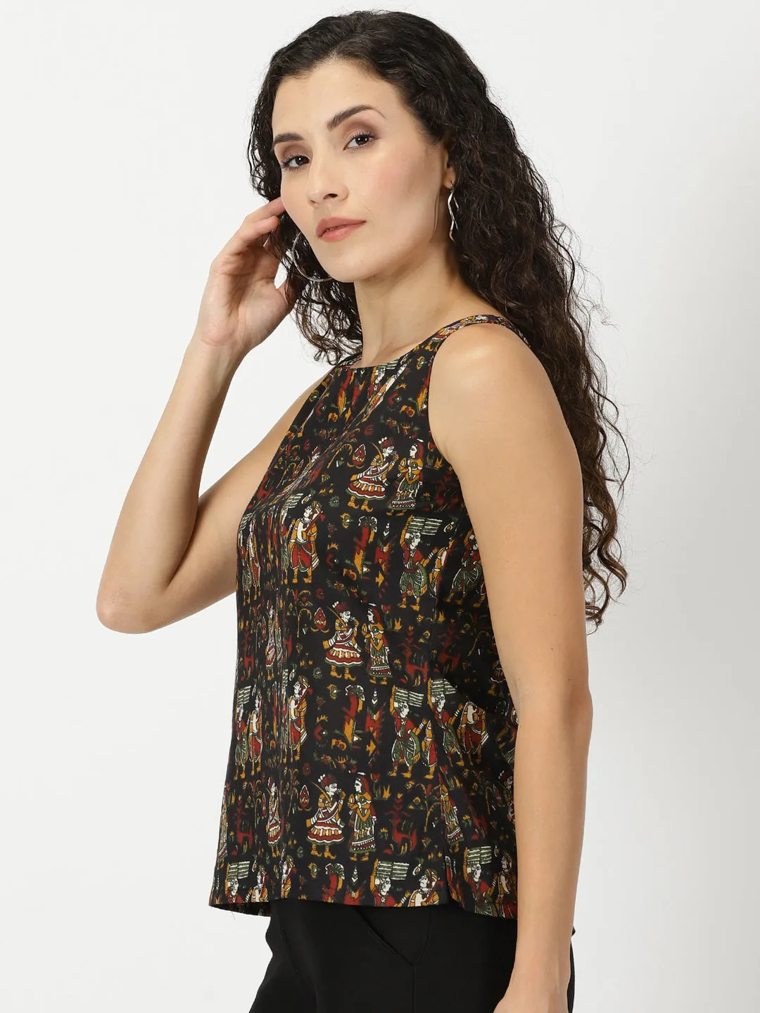 Black Kalamkari Print Cotton Tank Top