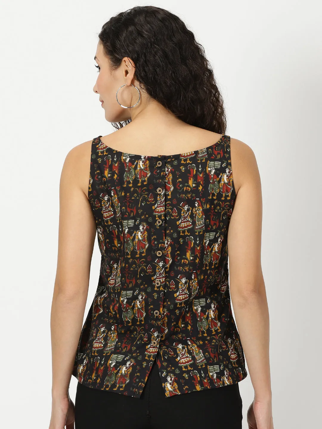 Black Kalamkari Print Cotton Tank Top