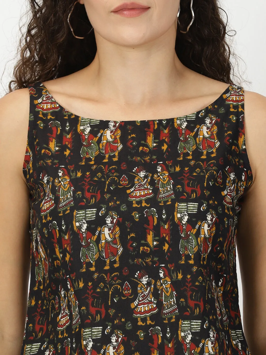 Black Kalamkari Print Cotton Tank Top