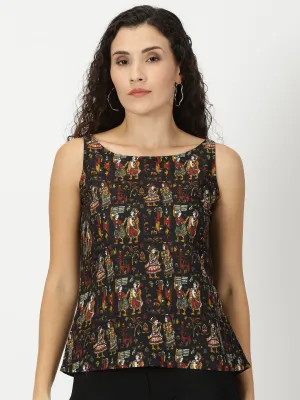 Black Kalamkari Print Cotton Tank Top