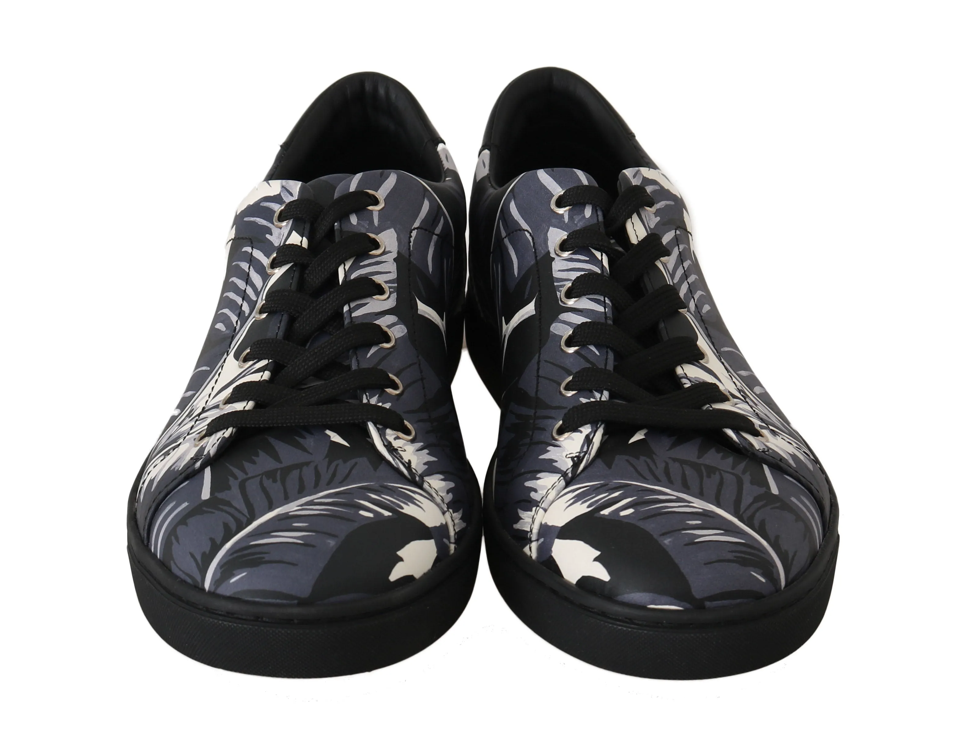 Black Leaf Print Leather Casual Gym Sneakers