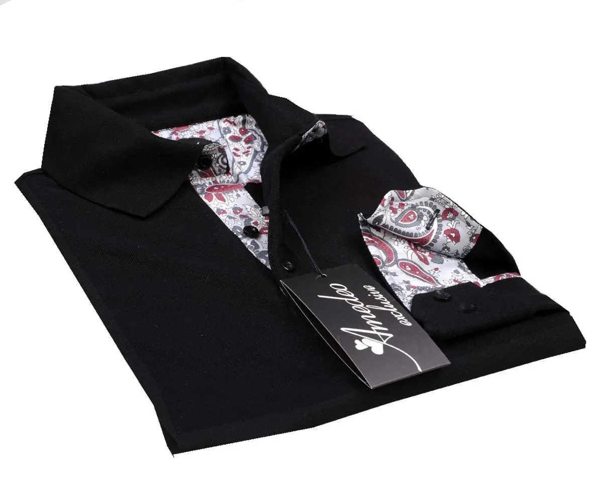 Black Paisley Mens Slim Fit Polo Shirts - 100% Soft Cotton - Tailored Comfortable Fit