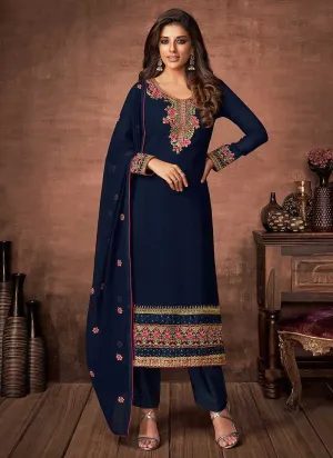 Blue and Gold Embroidered Straight Pant Style Suit