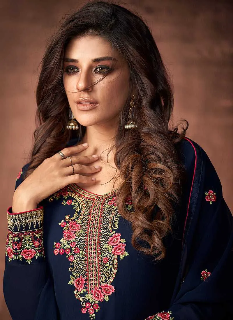 Blue and Gold Embroidered Straight Pant Style Suit