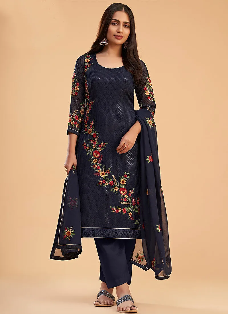 Blue Sequins Embroidered Pant Style Suit