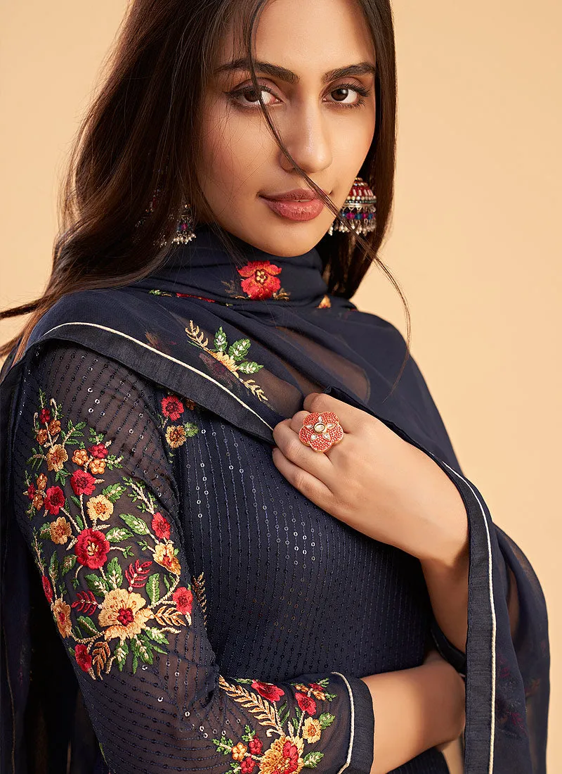 Blue Sequins Embroidered Pant Style Suit