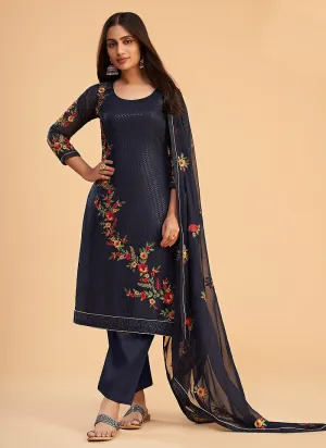Blue Sequins Embroidered Pant Style Suit