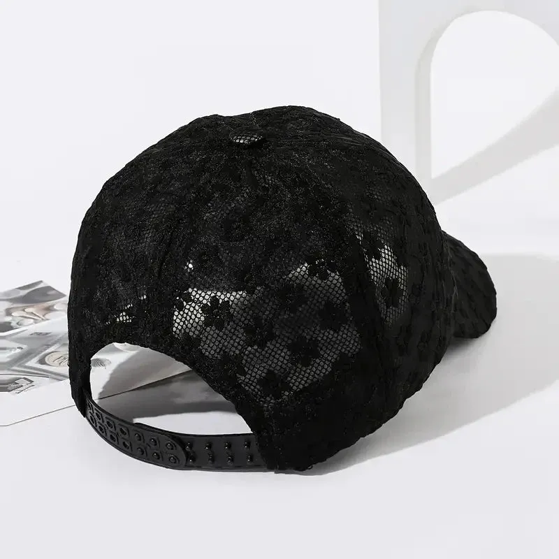 Casquette femme luxe chic été 2025 / Stylish Lace Baseball Cap - Flower Breathable Snapback Mom Hat For Adults!