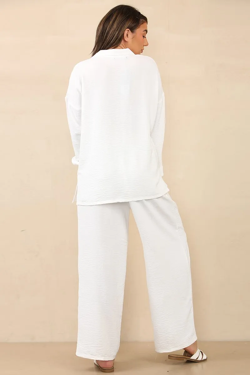 Casual Solid Flap Pocket Button Long Sleeve Shirt & Wide Leg Trousers Co-ord