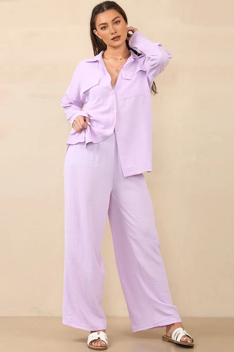Casual Solid Flap Pocket Button Long Sleeve Shirt & Wide Leg Trousers Co-ord
