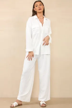 Casual Solid Flap Pocket Button Long Sleeve Shirt & Wide Leg Trousers Co-ord
