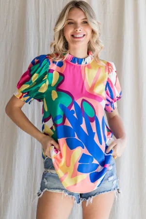 COLORFUL PRINTED FRILLED NECK TOP - PINK MULTI