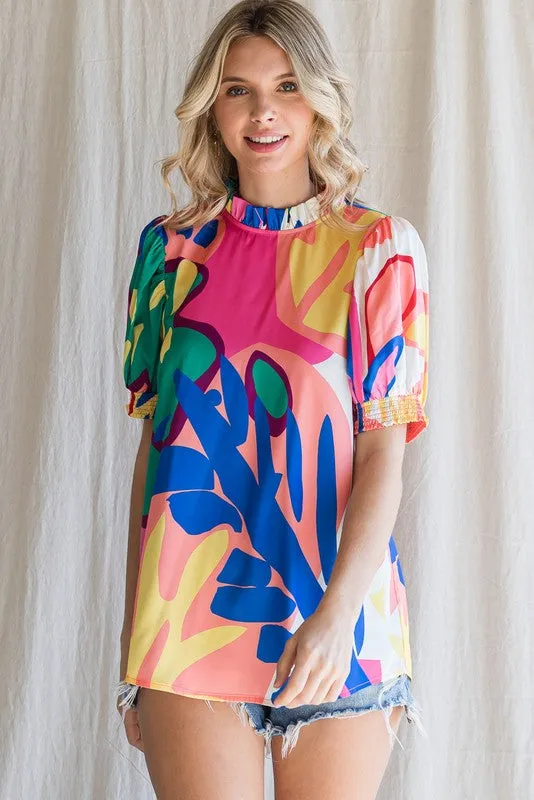 COLORFUL PRINTED FRILLED NECK TOP - PINK MULTI