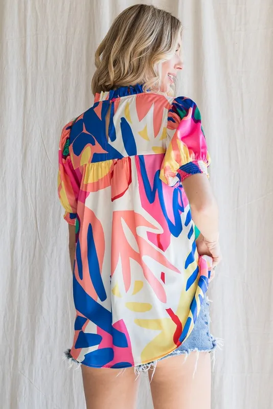 COLORFUL PRINTED FRILLED NECK TOP - PINK MULTI