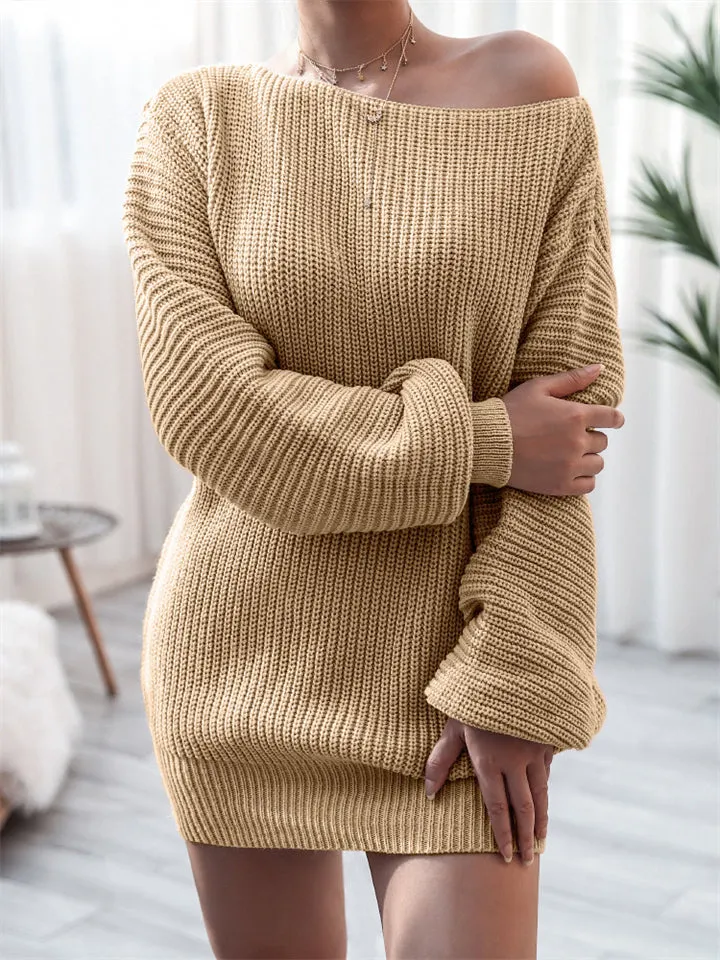 Comfortable Pullover Off-The-Shoulder Casual Loose Knit Sweater Mini Dress