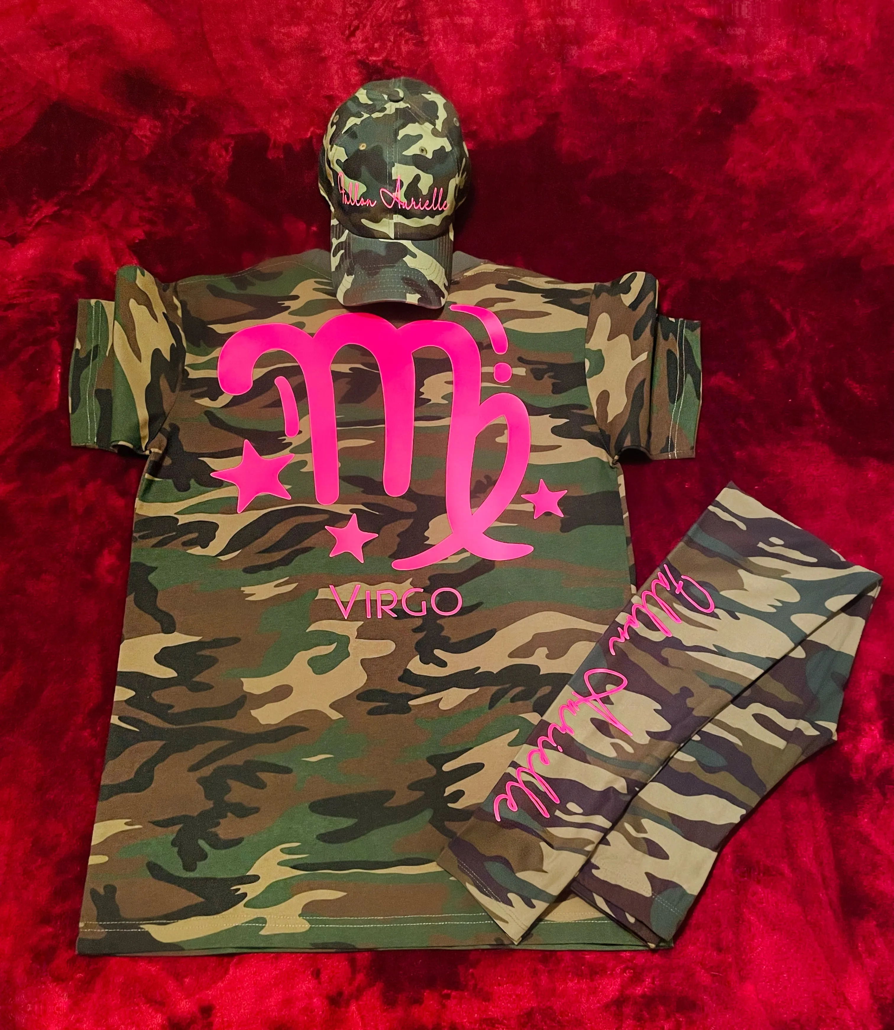 Fallon Aurielle Signature 3 Piece Virgo Logo & Name Zodiac Leggings Set (Camo & Neon Pink)