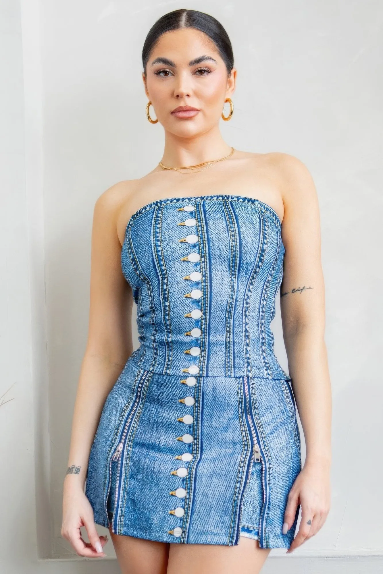 Faux Denim Effect Corset Top & Bottom Set